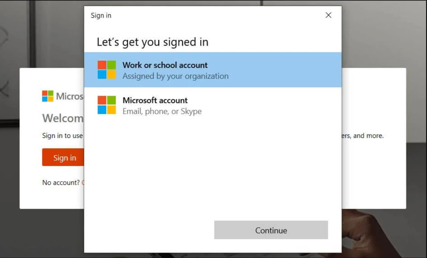 microsoft office sign in account types