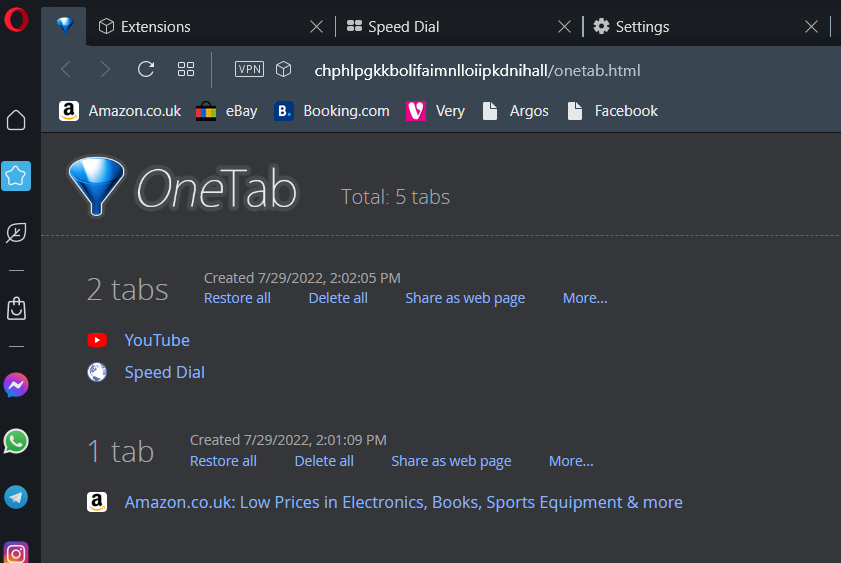 The OneTab extension opera browser ram usage