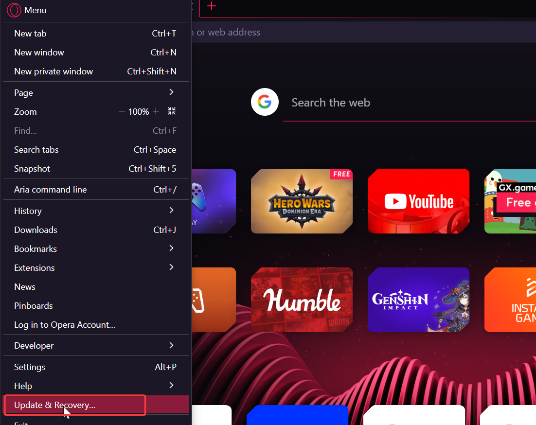 opera gx update and recovery