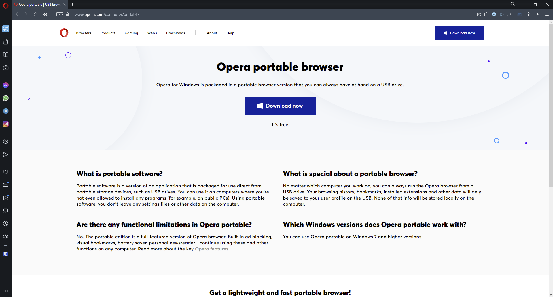 Opera portable browser for Windows 7.