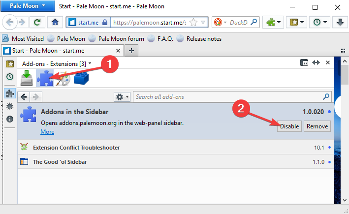 Disable Pale Moon Extensions