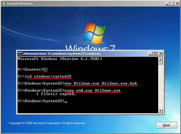 enter the commands to reset windows 7 password without logging in.