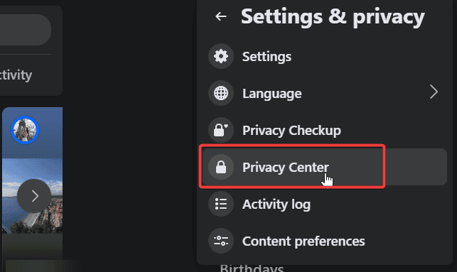 select privacy center facebook settings