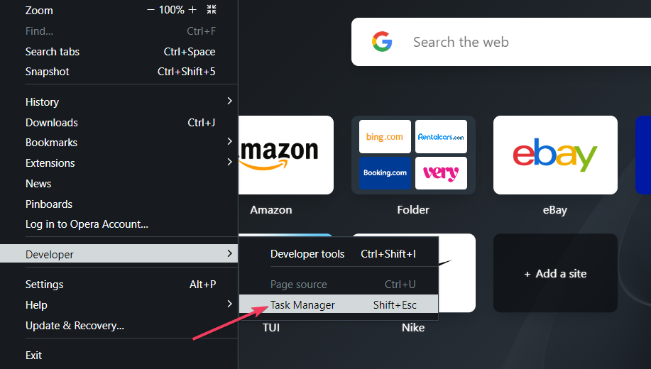 Task Manager option opera browser ram usage