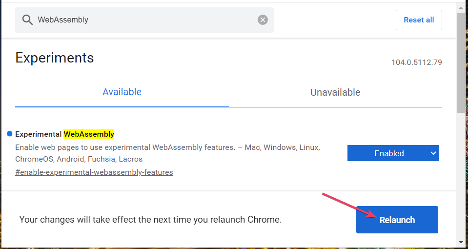 The Relaunch button browser does not support webassembly