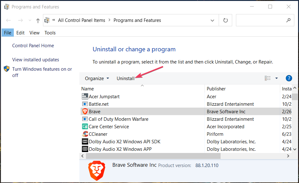Uninstall option browser does not support webassembly