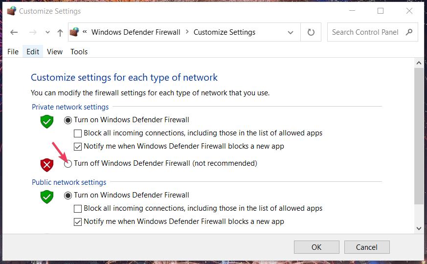Turn off Windows Defender Firewall option opera download stuck at 100