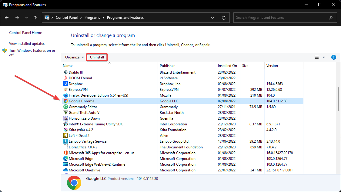 Uninstall a browser and then re-install on Windows 7.