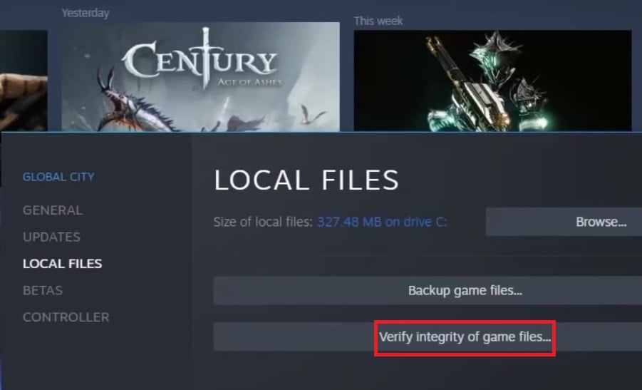 The Verify integrity of game files option steam unable to sync files