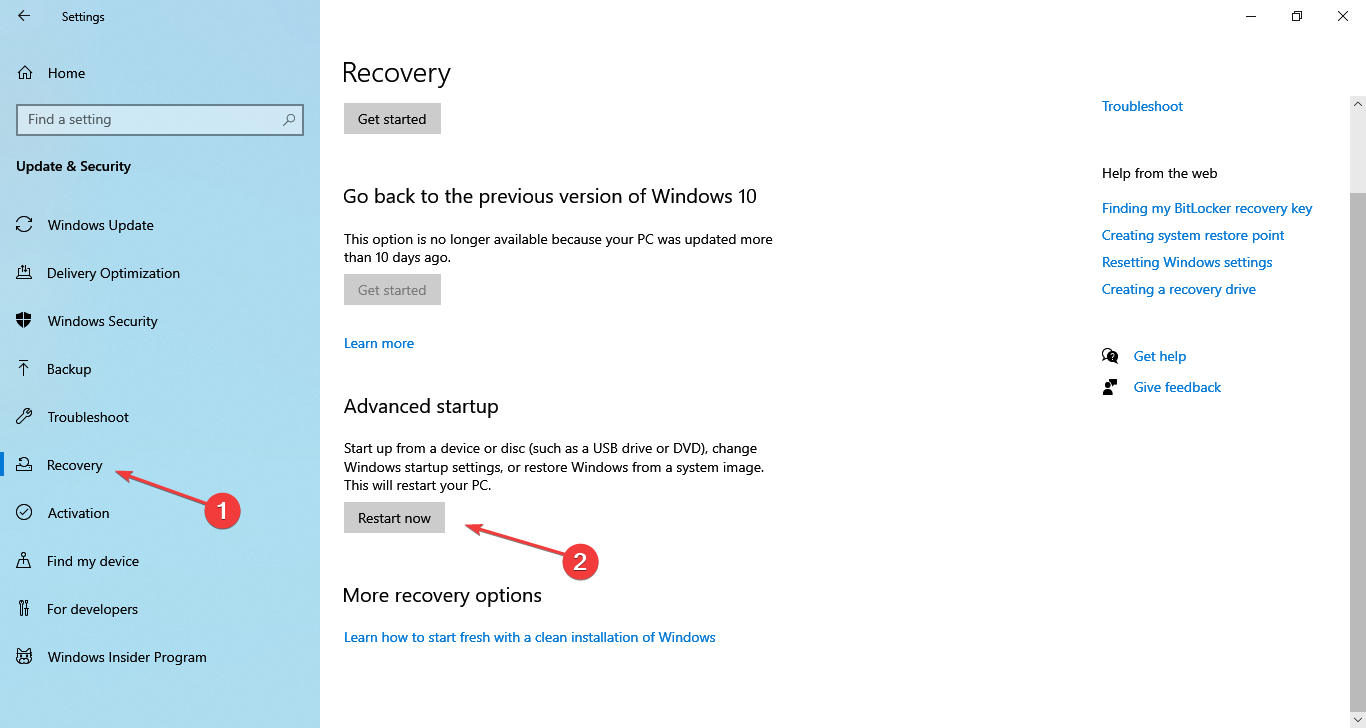 restart now to enter windows 10 recovery mode