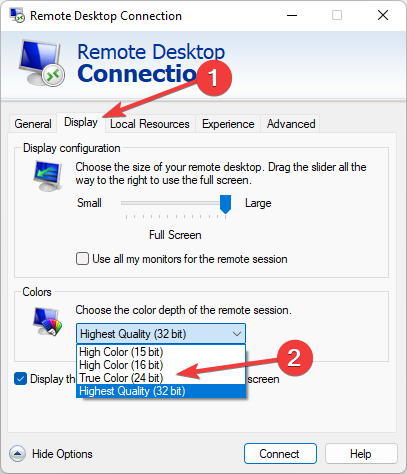 Change the color depth of the remote session