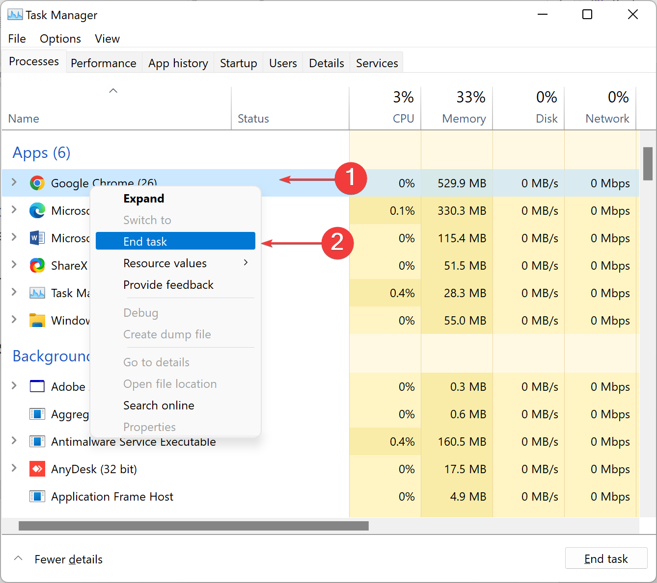  End task in task manager