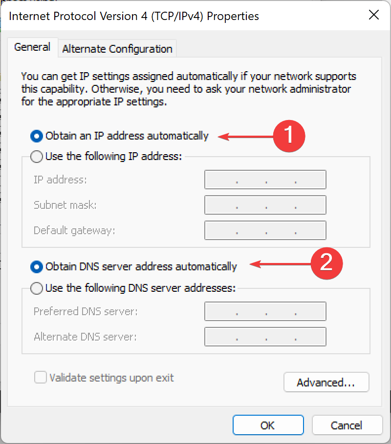 Obtaining DNS server and IP address automatically