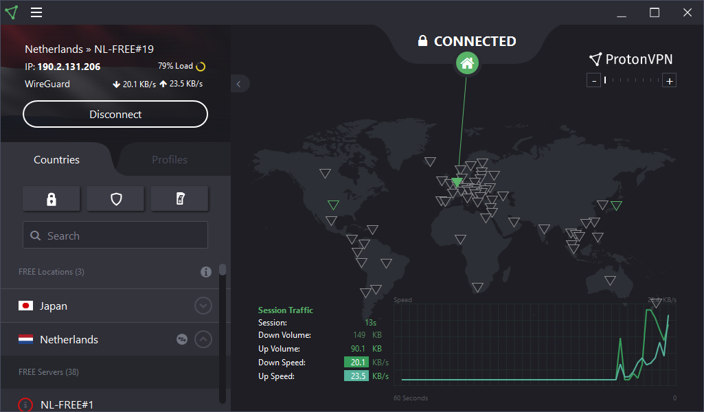 ProtonVPN conected to free netherlands server