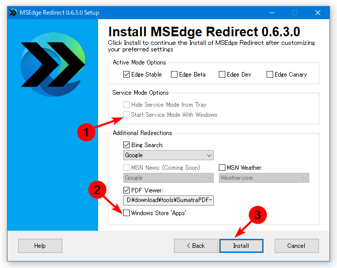 select start service mode msedge redirect