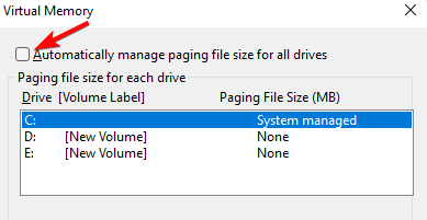 uncheck Automatically manage paging file size for all drives