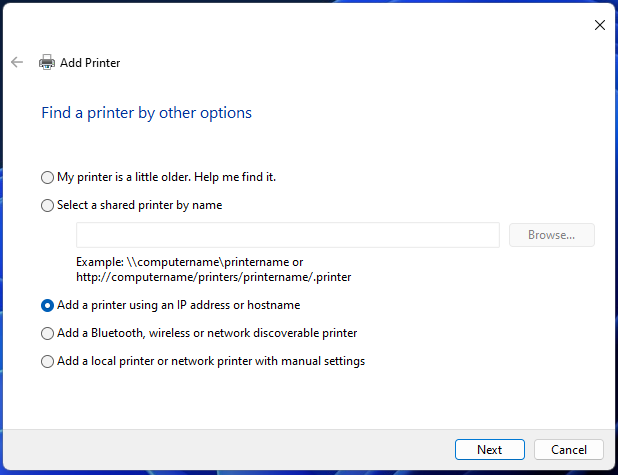 add printer using ip address windows 11