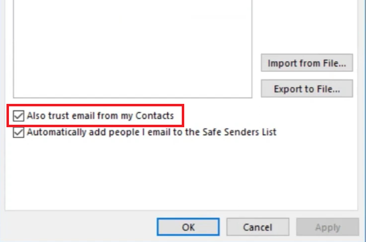 Also trust email from my Contacts option outlook not blocking junk mail