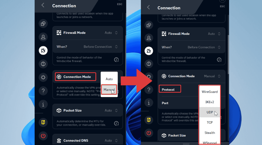 changing connection protocol in windscribe