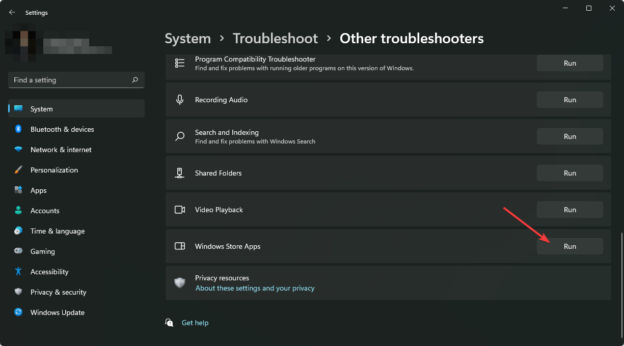 clicking run windows store apps troubleshooter