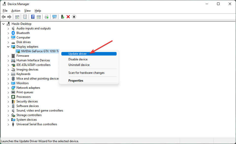 Windows デバイス マネージャーでグラフィックス カードのドライバーの更新をクリックします。
