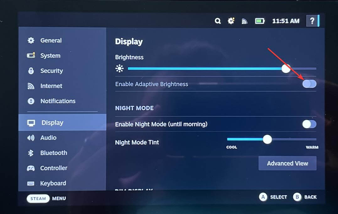 enable or disable adaptive brightness steam deck toggle