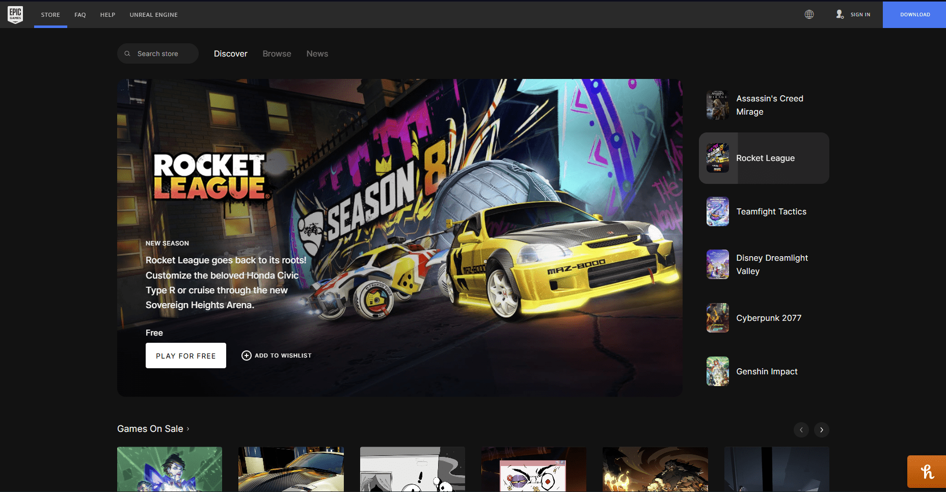 Epic games store website.