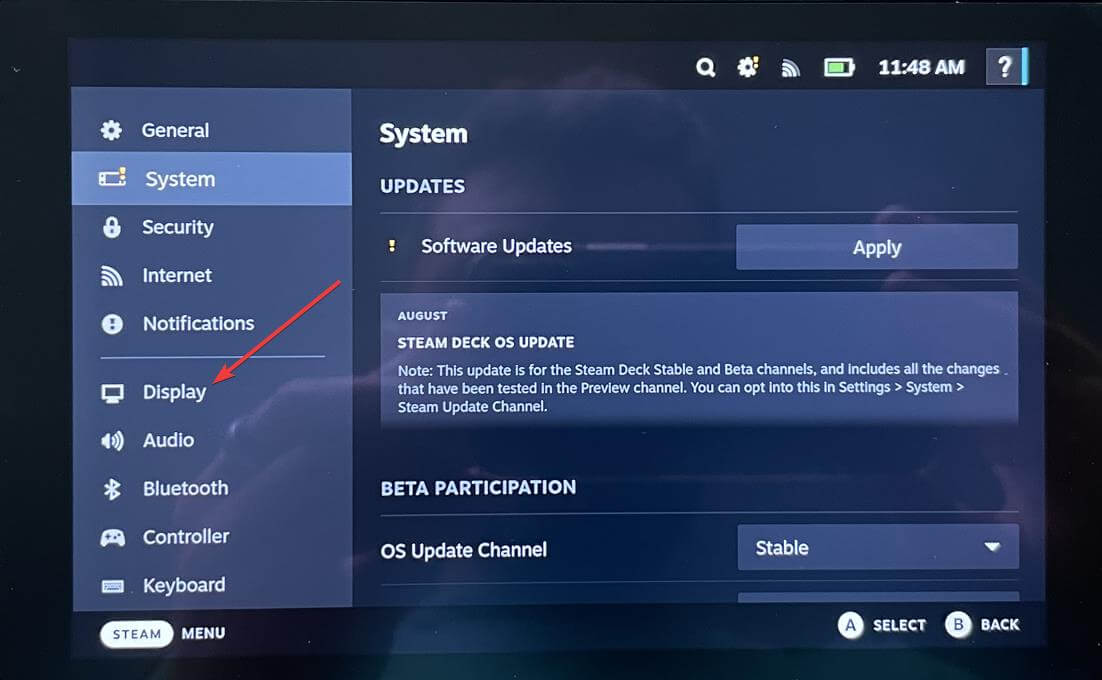navigate to the display settings section steam deck