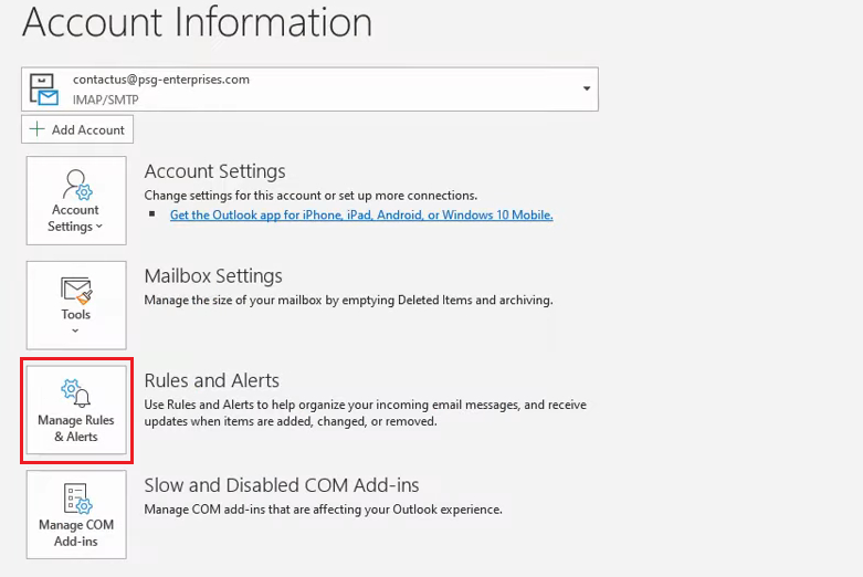 Manage Rules & Alerts button outlook not blocking junk mail