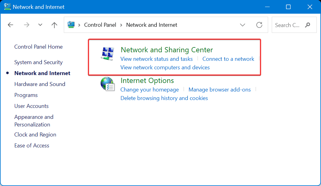 network and sharing center control panel