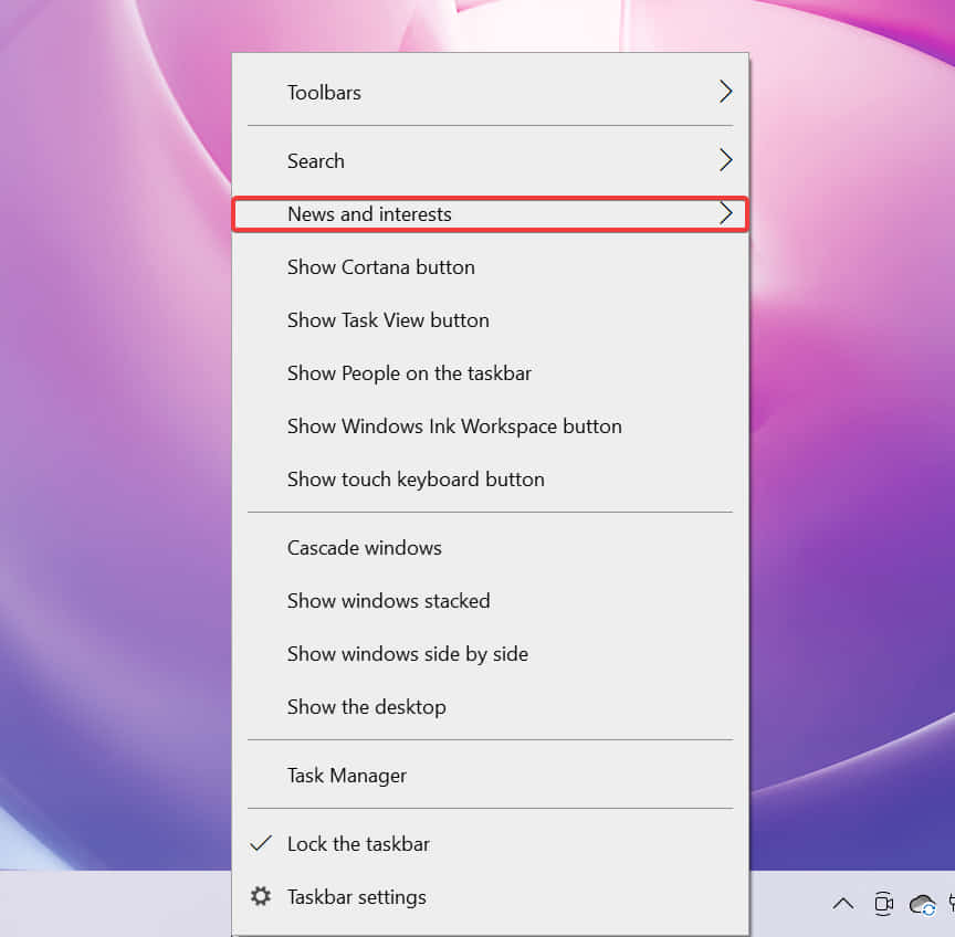 news and interests options on taskbar windows 10
