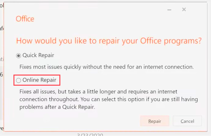Online Repair option outlook not updating inbox