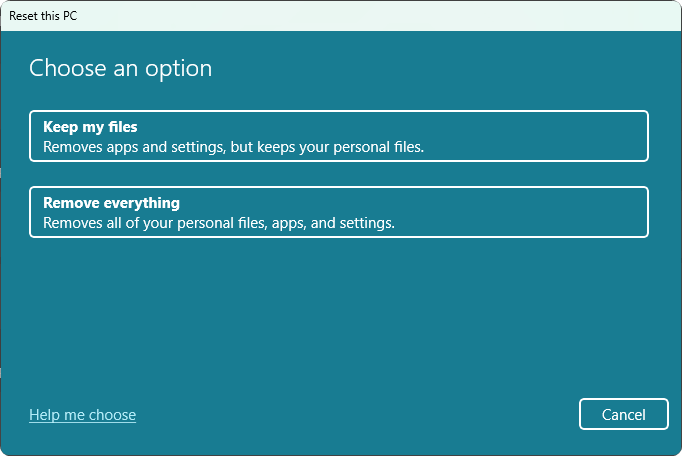 reset this pc options win11