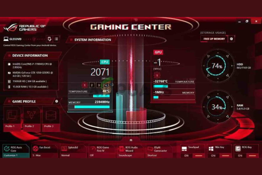 rog gaming center not showing cpu and gpu