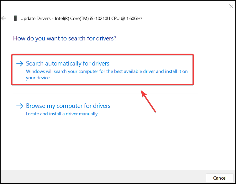 search for cpu drivers windows automatically