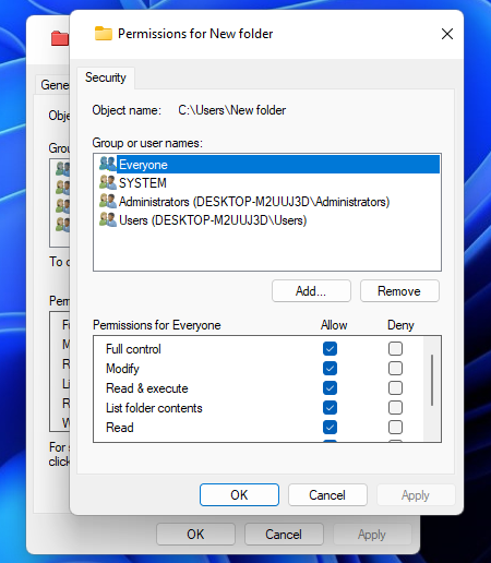 La configuración de permisos restablece los permisos de Windows 11