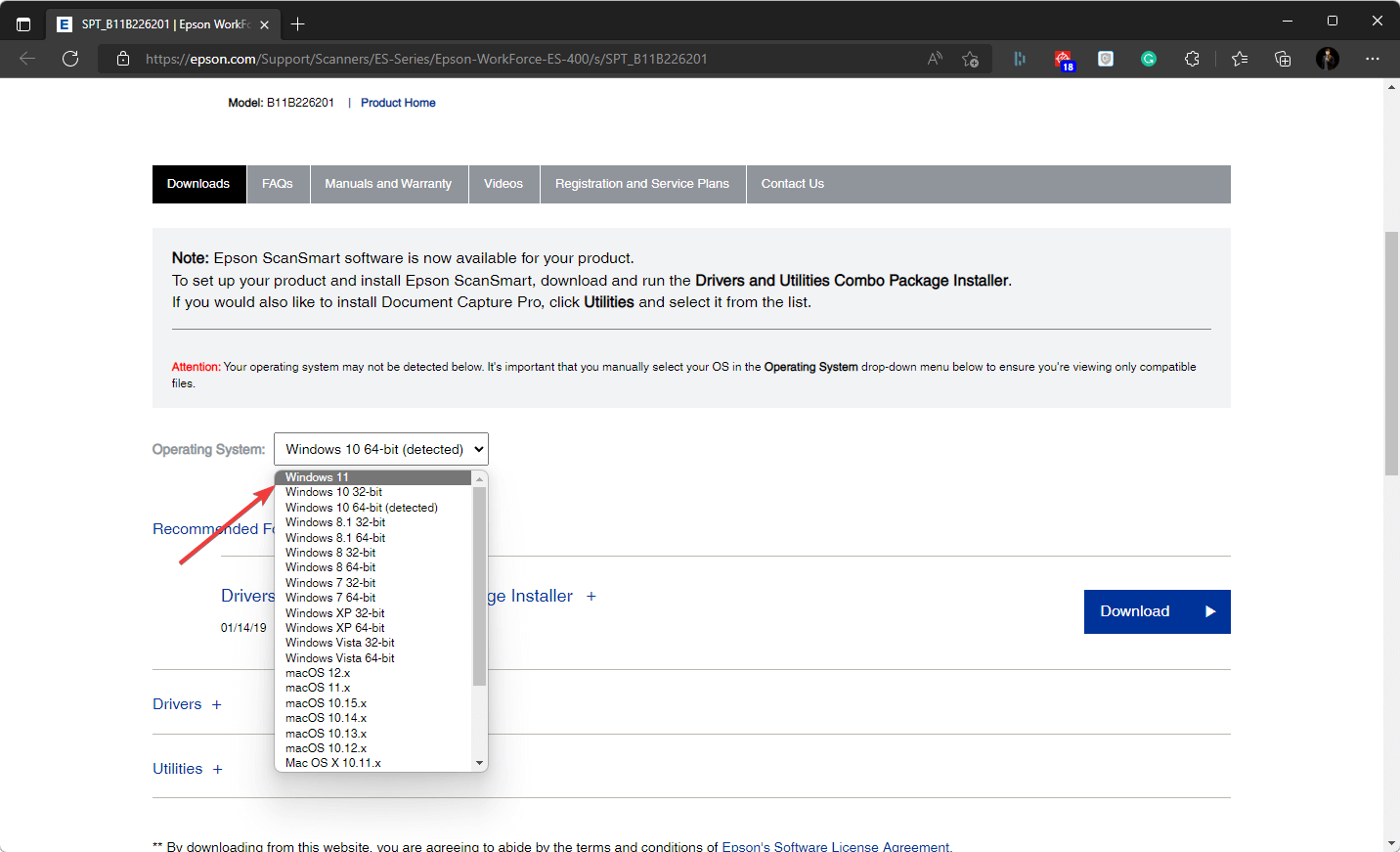selecting windows 11 driver epson website