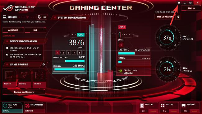 settings button - rog gaming center not showing cpu and gpu