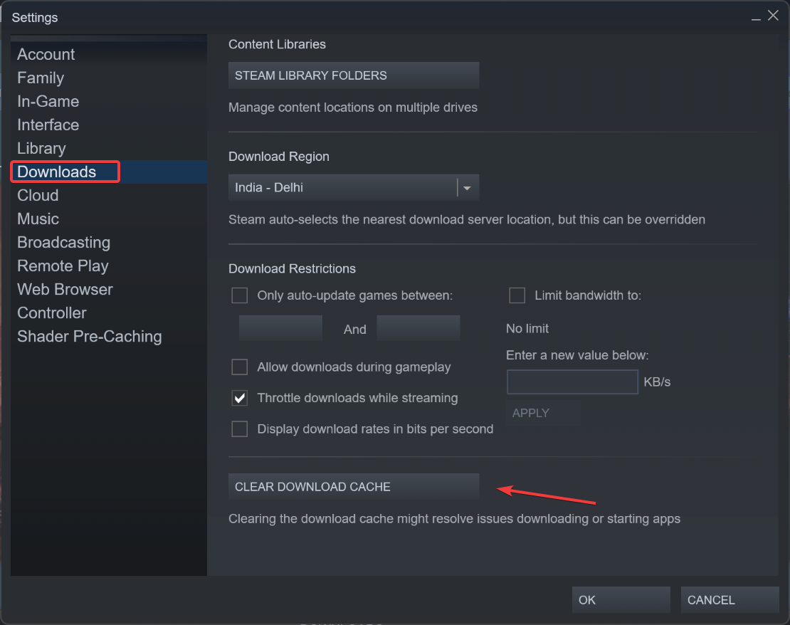 clear download cache to fix an error occurred while updating steam
