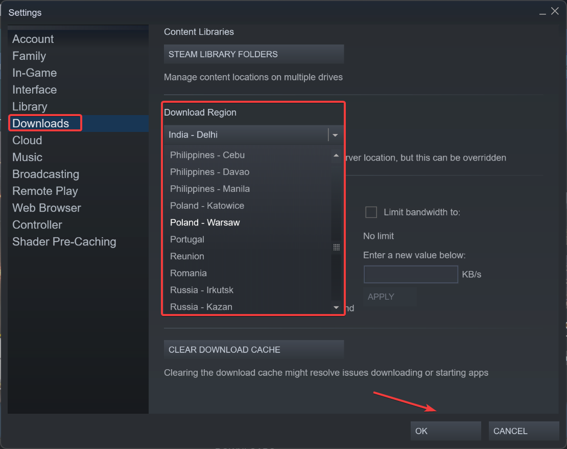change download region to fix an error occurred while updating steam