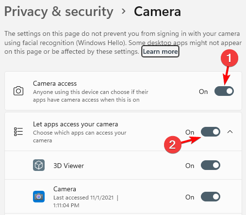 enable camera access & Let apps access your camera