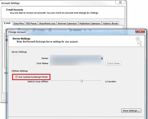 Use Cached exchange Mode option outlook not updating inbox