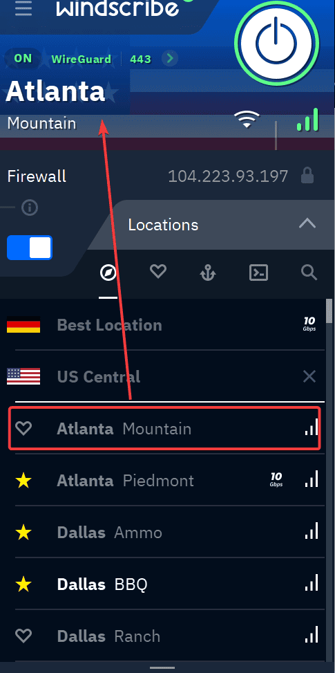 windscribe connected to atlanta