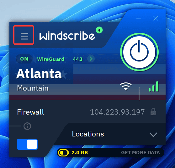 windscribe hamburger menu