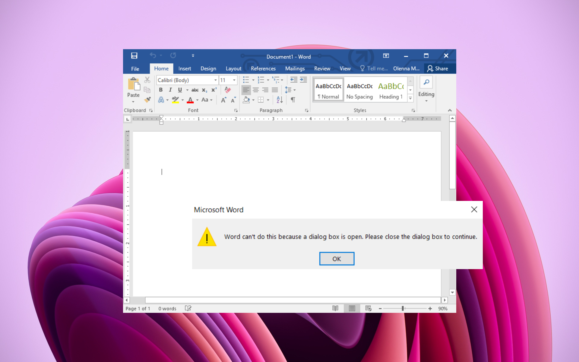 You cannot close Microsoft Office Word because a dialog box is open