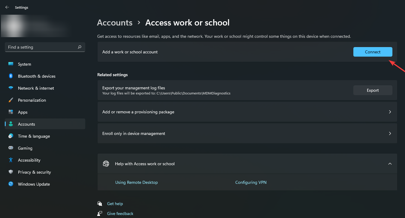 work or school account connect option
