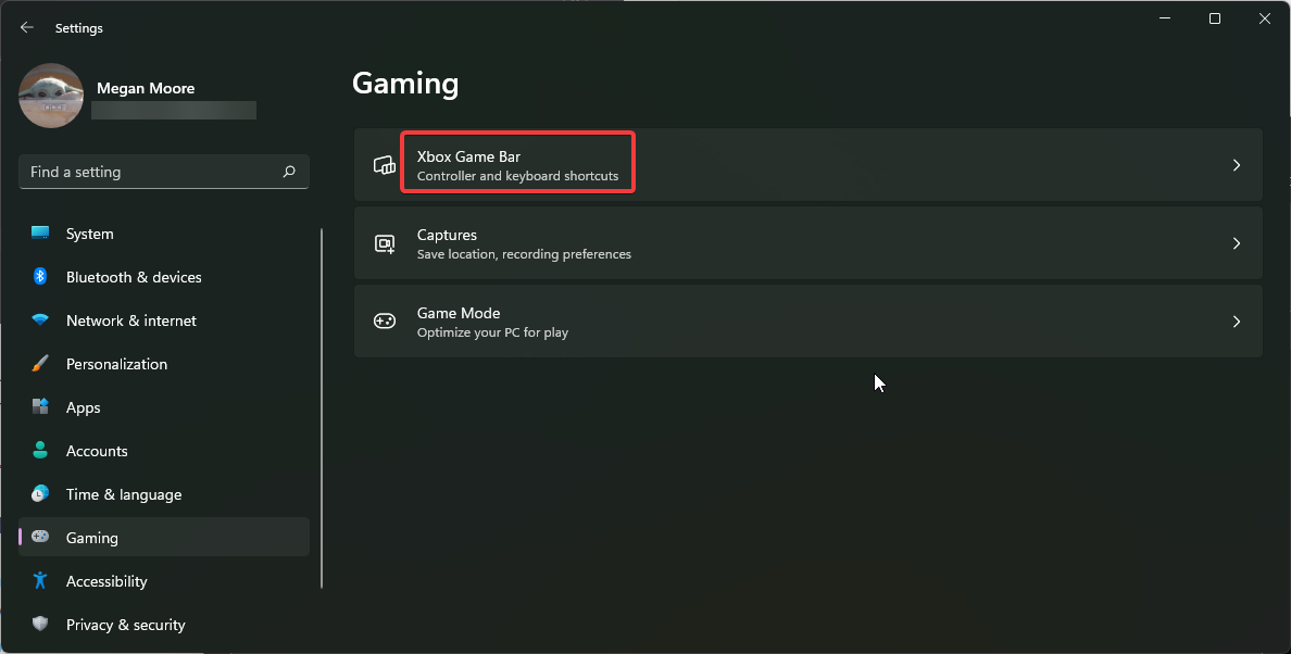 Select Xbox game bar.