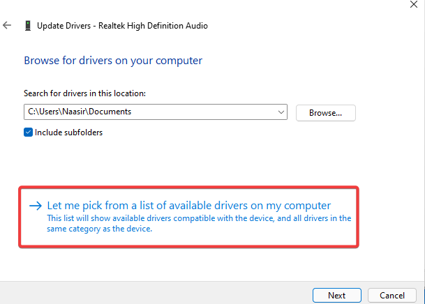 Browse computer to find driver