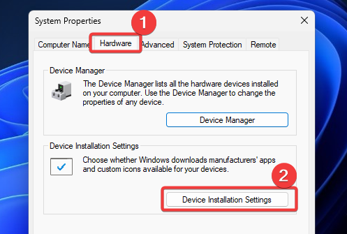 device hardware installation settings