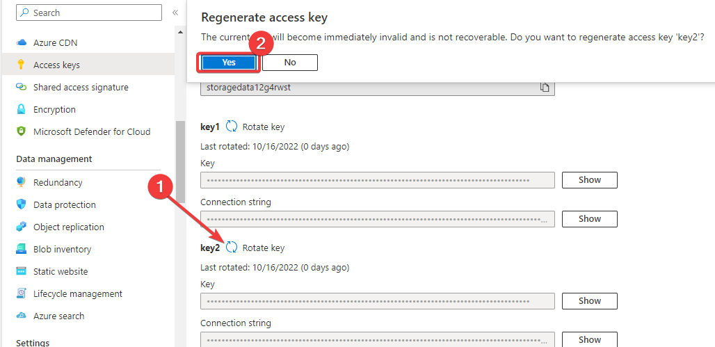 New Azure storage access keys